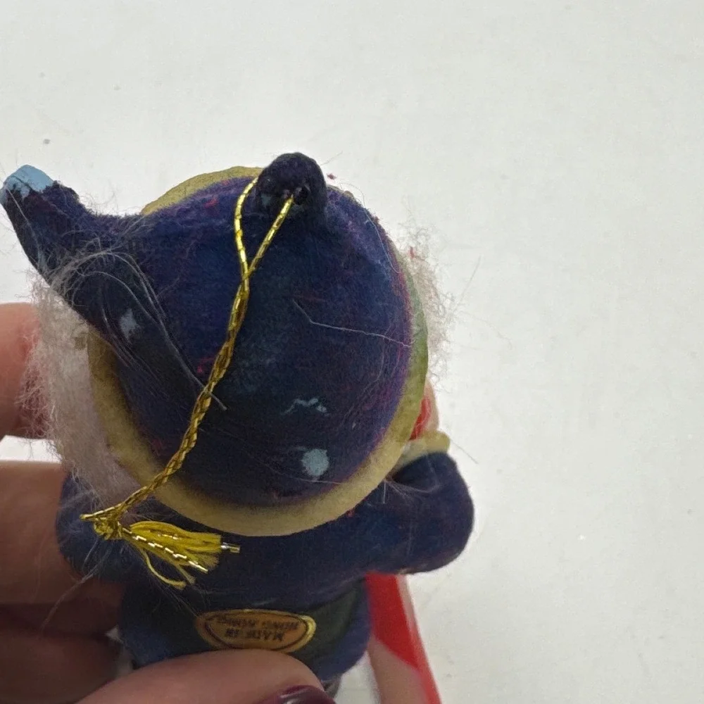 Vintage Christmas Elf Ornament Blue Felt Candy Cane Hong Kong Mid Century 4 Inch